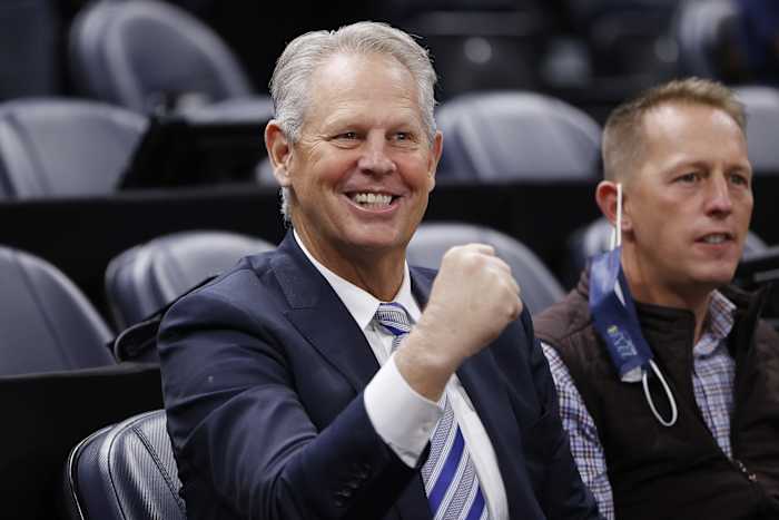 Danny Ainge watches pregame activities after he was Appointed Alternate Governor and CEO of Utah Jazz Basketball prior to their game against the LA Clippers at Vivint Arena.